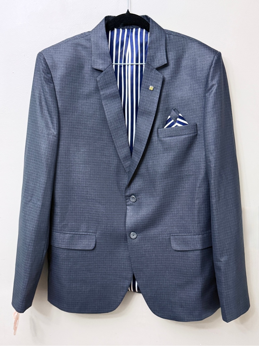 CINNIC Slim Fit 2-Piece Suit Grid Blazer & Pants Set Grey Blue Size 42